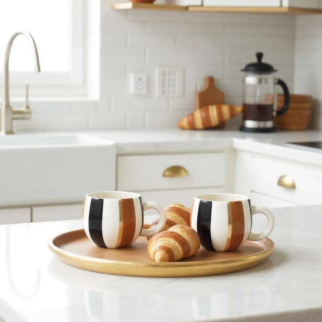 Set of 2 Handmade Ceramic Mugs with Gold Ornaments – Striped Design image 3