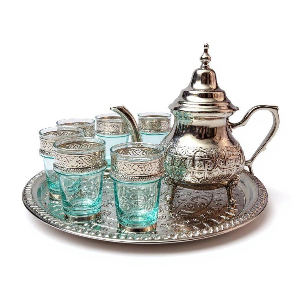 Silver Engraved Tea Set – 8-Piece Service with Turquoise Glass Holders image