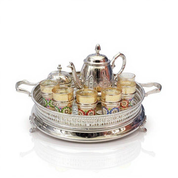 Silver Engraved Tea Set Large – Handcrafted 12 Glass Serving Collection image