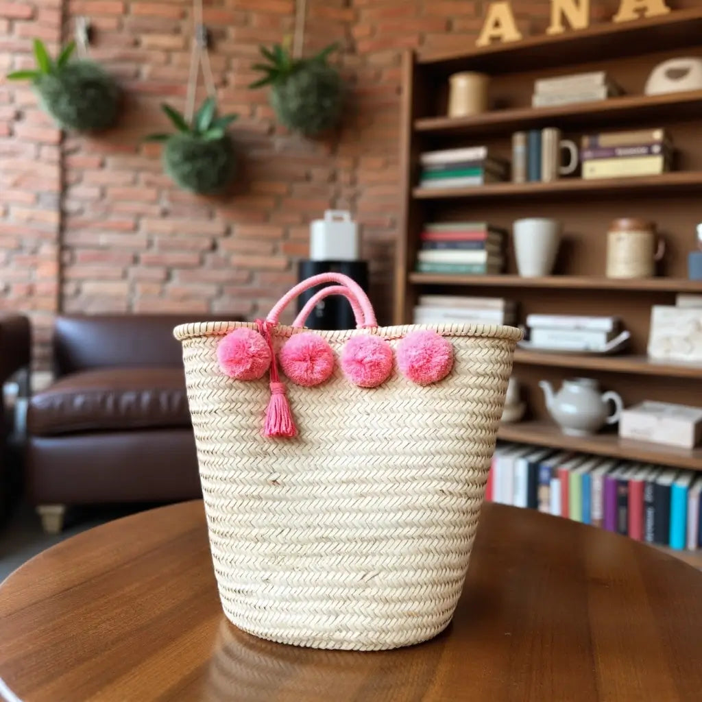 Pom Pom Straw Shopper Bag – Handwoven Beach Market Tote with Cotton Handles image 4