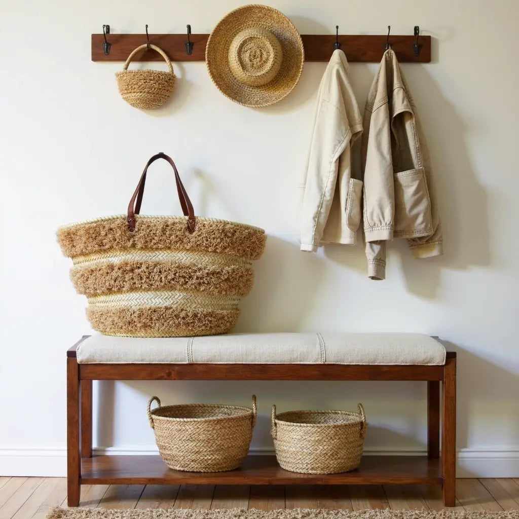 Striped Straw Beach Tote – Handwoven Raffia Basket with Leather Handles image 3