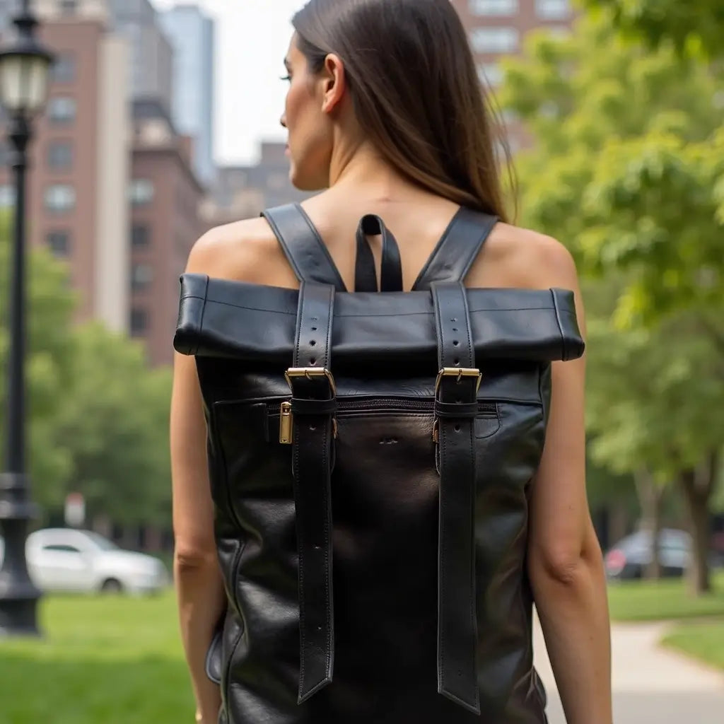 Urban Black Leather Backpack – Handcrafted Rolltop Design image 5
