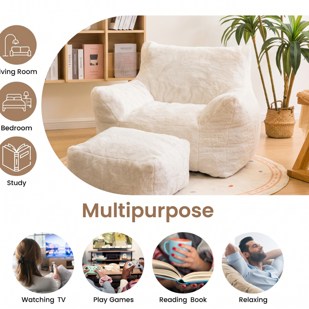 Faux Fur Bean Bag Chair with Footstool