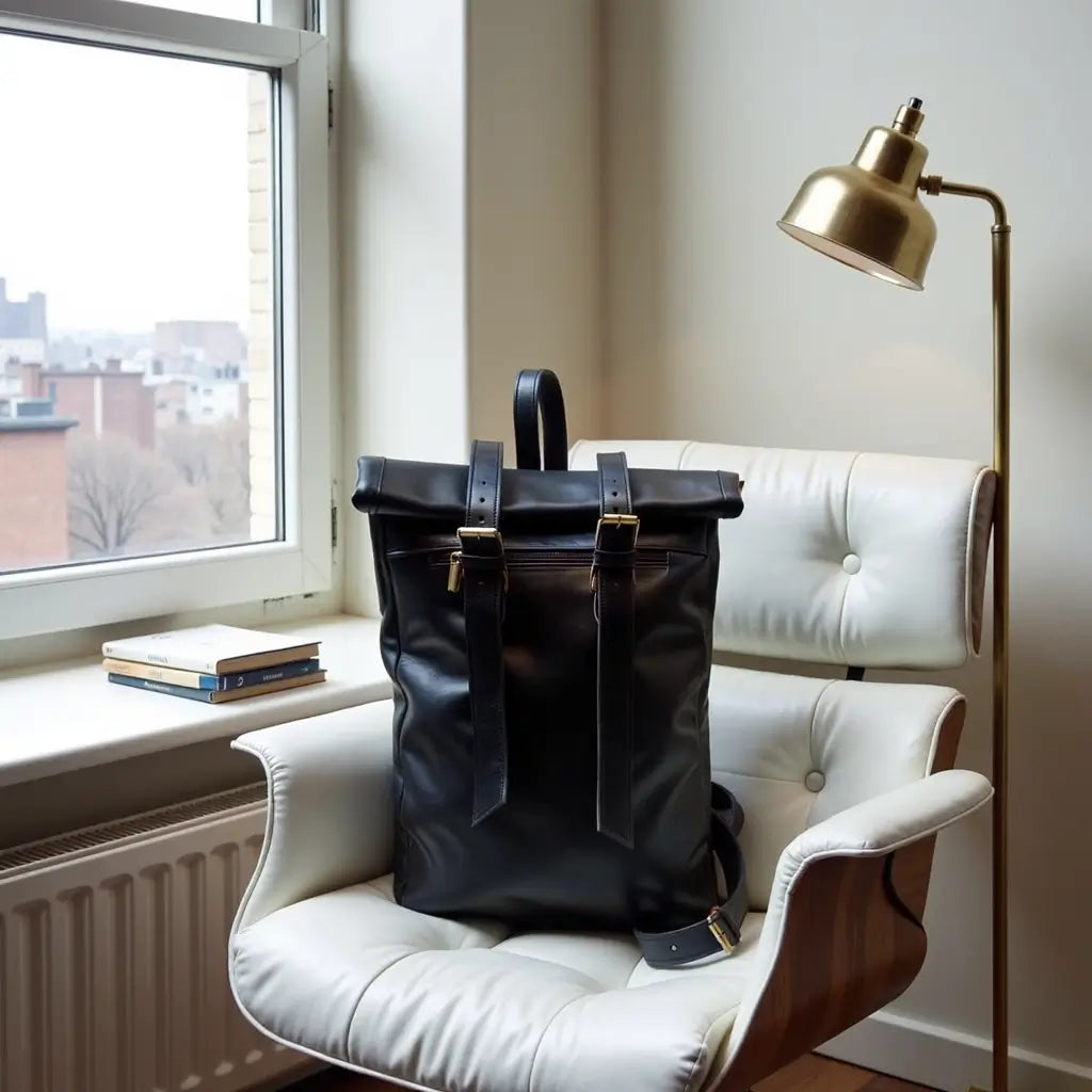 Urban Black Leather Backpack – Handcrafted Rolltop Design image 8