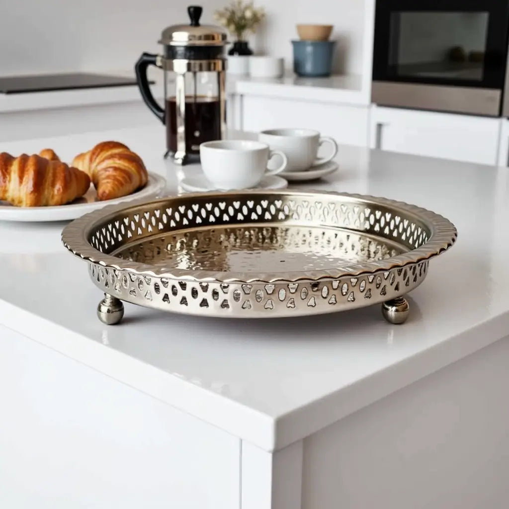 Hand Hammered Circle Tray with Feet – Traditional Silver-Plated Brass image 13