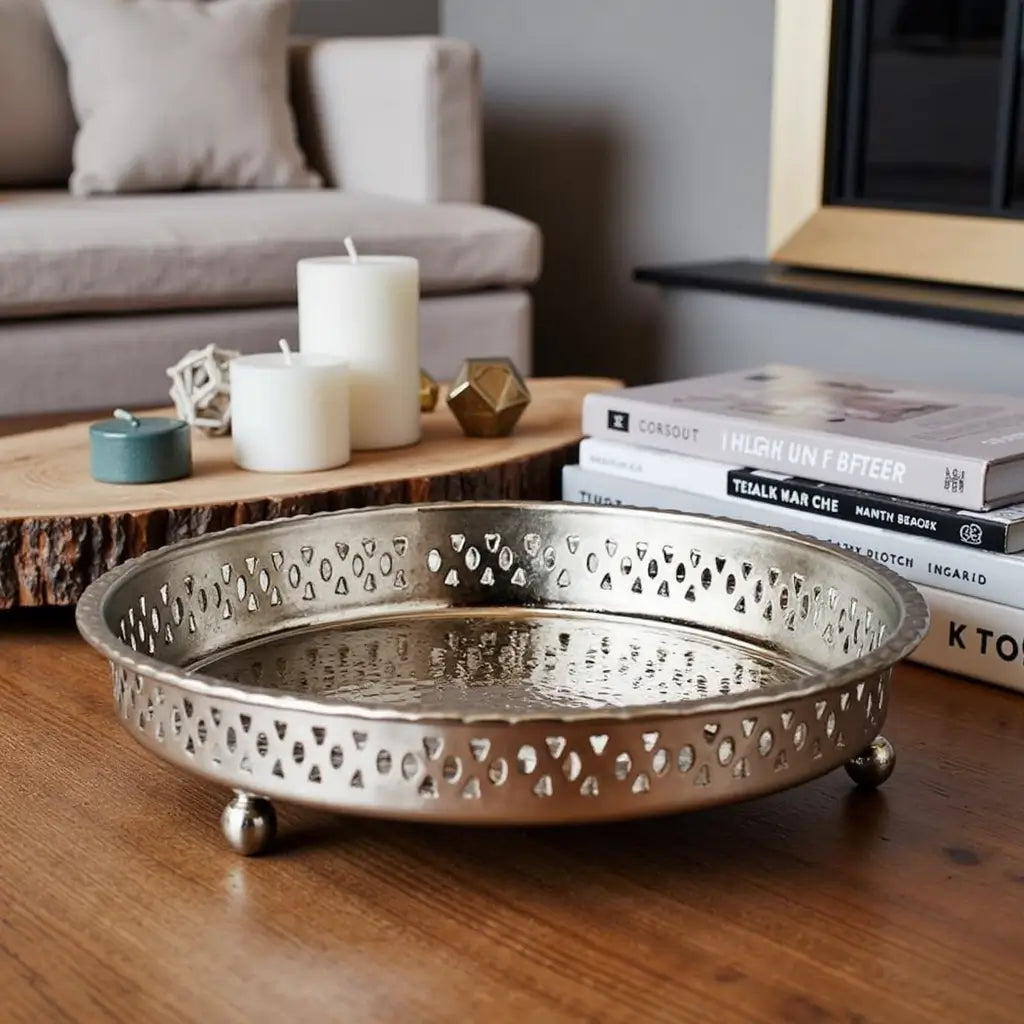 Hand Hammered Circle Tray with Feet – Traditional Silver-Plated Brass image 11