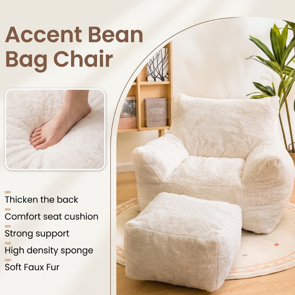 Faux Fur Bean Bag Chair with Footstool
