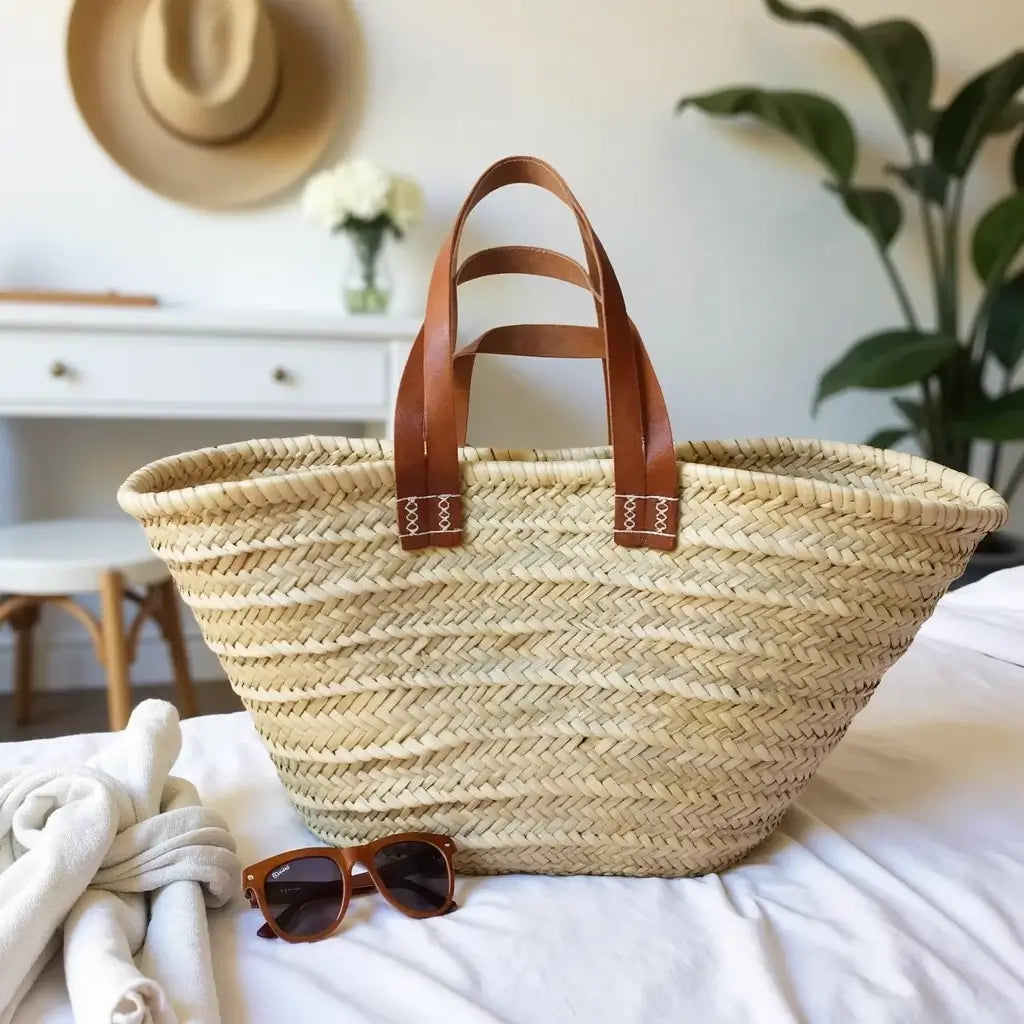 Natural Straw Tote Bag with Dual Leather Handles – Handwoven Beach Basket image 4