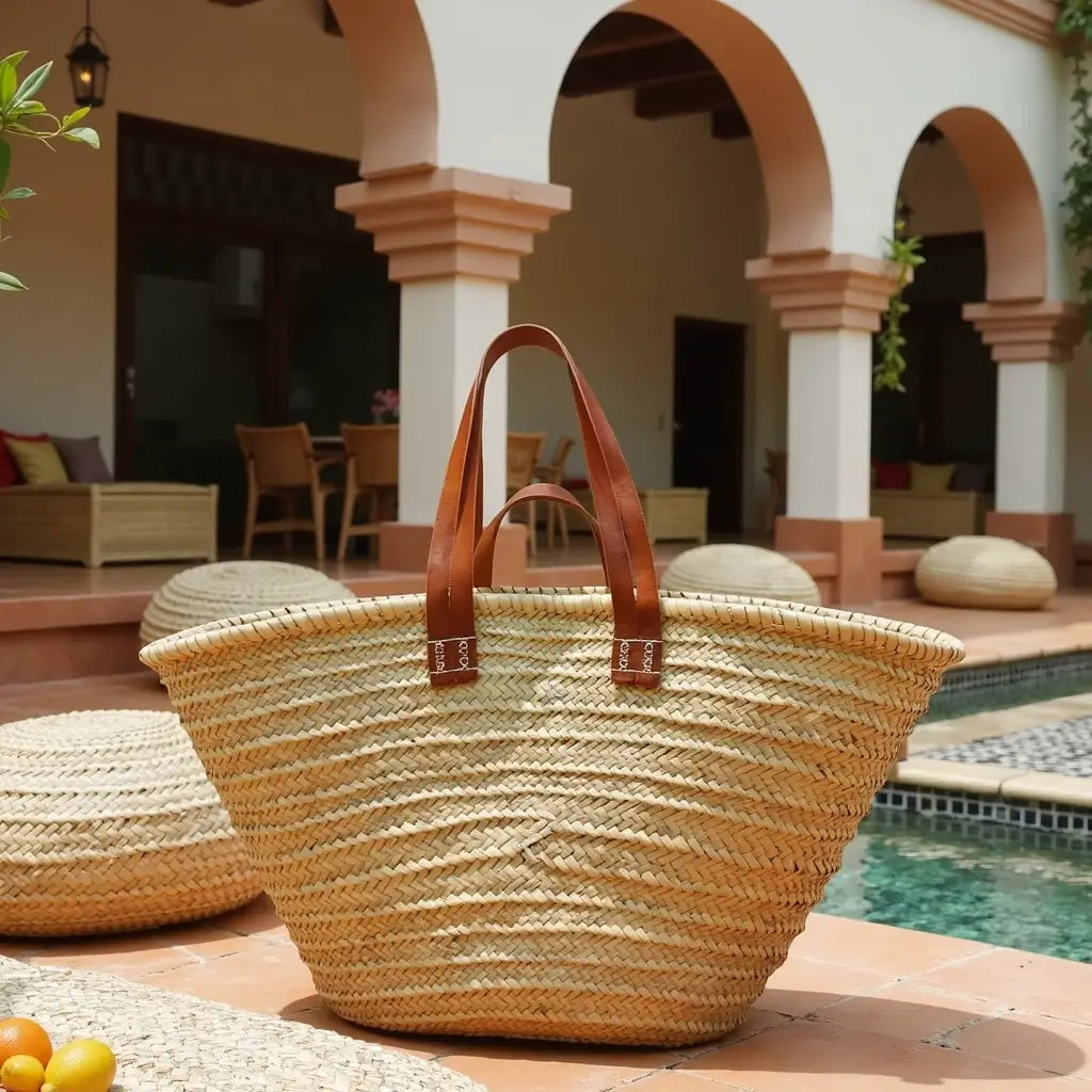 Natural Straw Tote Bag with Dual Leather Handles – Handwoven Beach Basket image 3