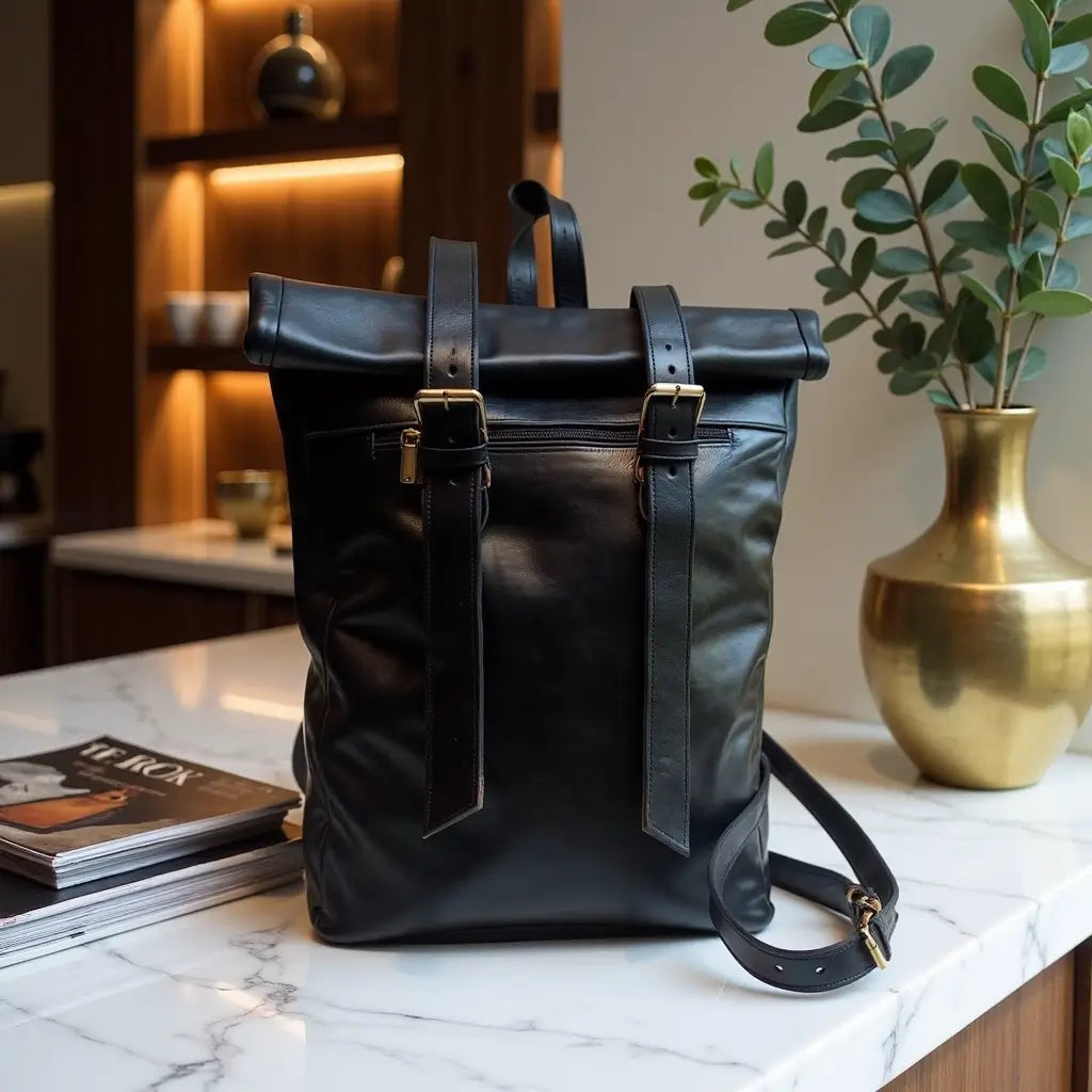 Urban Black Leather Backpack – Handcrafted Rolltop Design image 10