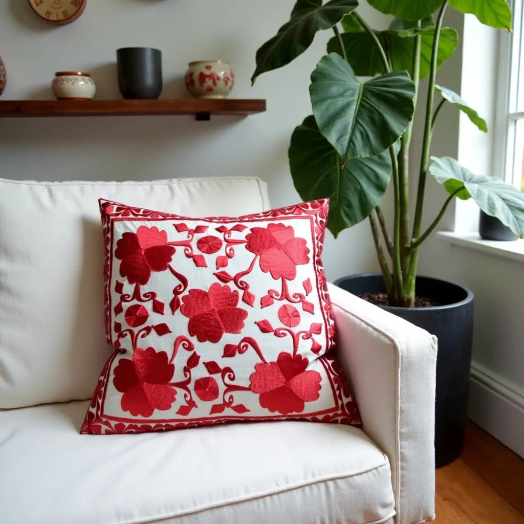 Red Floral Embroidered Cotton Pillow Covers 17.4″ – Suzani Style Set of 2 image 3