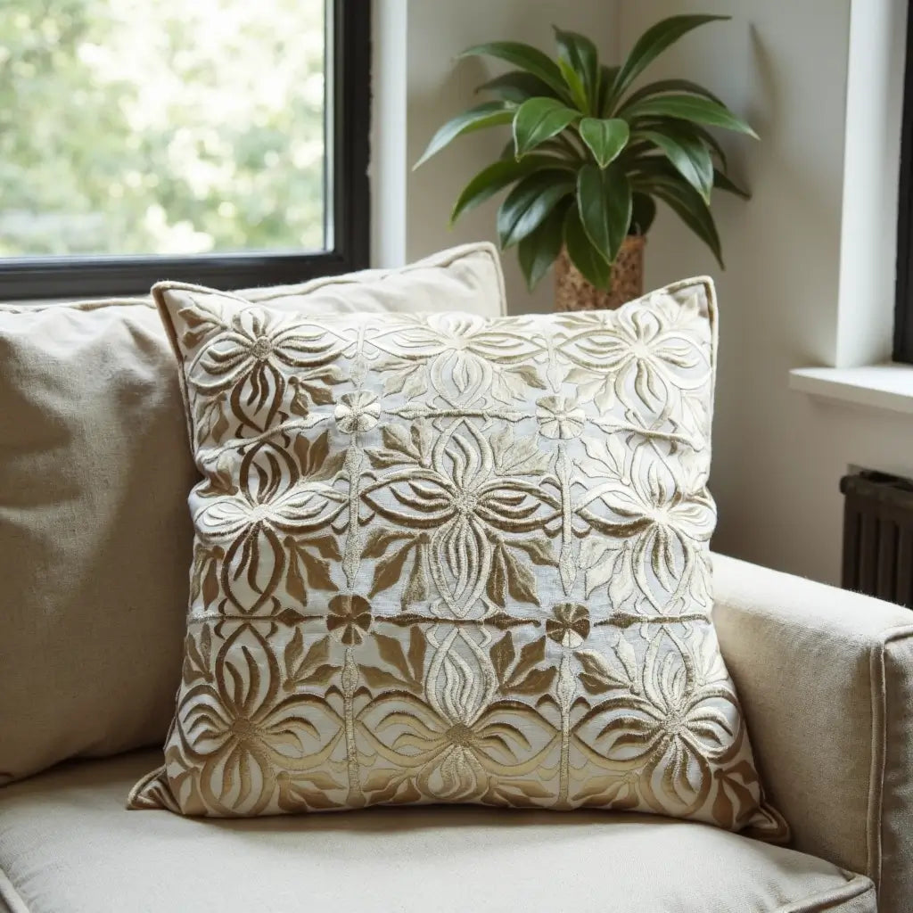 Beige Leather Pillow Covers with Floral Cutwork – Set of 2 (17.4″) image 3