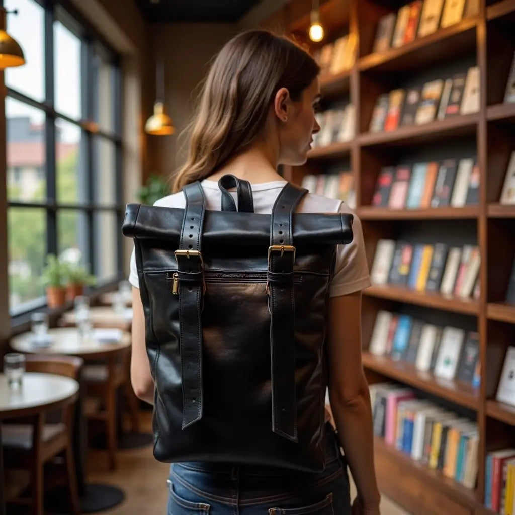 Urban Black Leather Backpack – Handcrafted Rolltop Design image 6