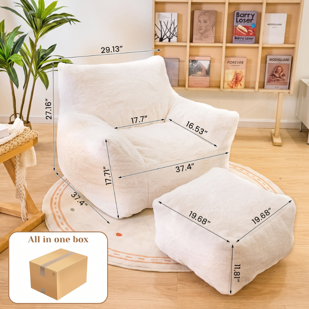 Faux Fur Bean Bag Chair with Footstool