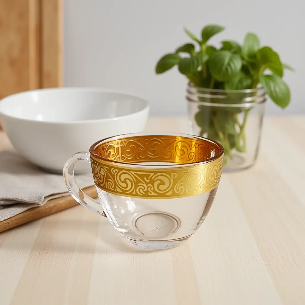 Gold Pattern Glass Coffee Cups with Integrated Saucers – Set of 6 image 4