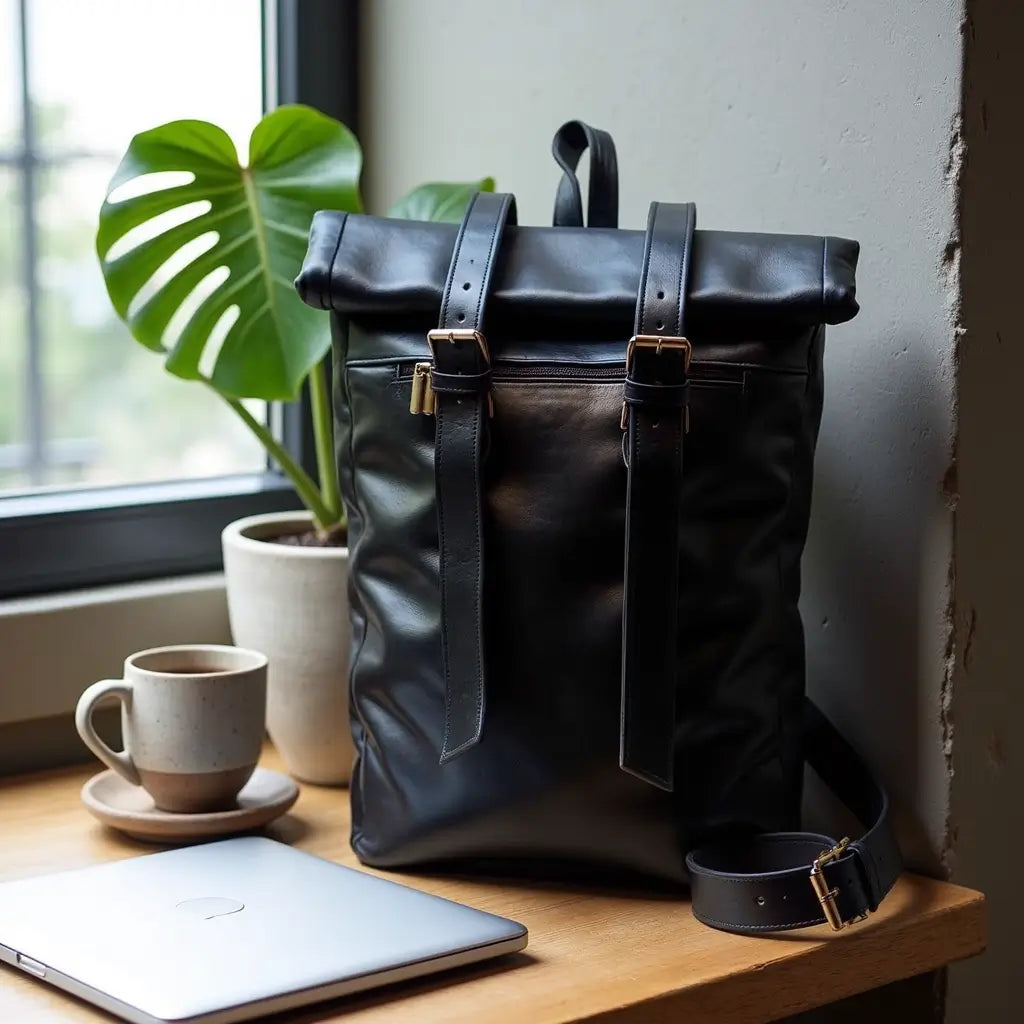 Urban Black Leather Backpack – Handcrafted Rolltop Design image 7