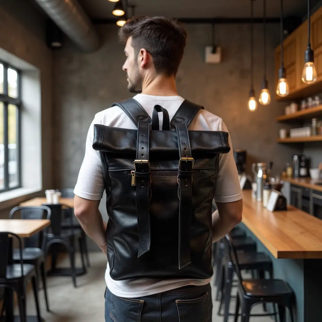 Urban Black Leather Backpack – Handcrafted Rolltop Design image 2