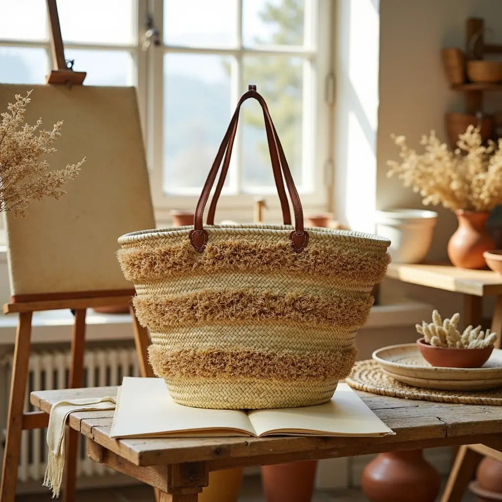 Striped Straw Beach Tote – Handwoven Raffia Basket with Leather Handles image 6