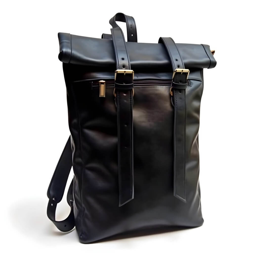 Urban Black Leather Backpack – Handcrafted Rolltop Design image