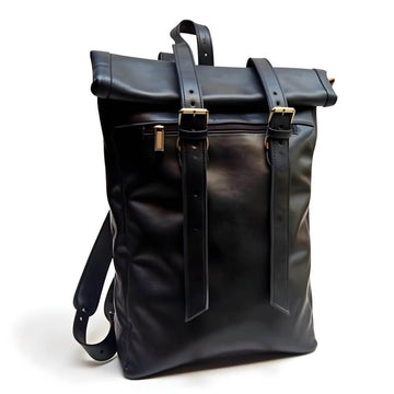 Urban Black Leather Backpack – Handcrafted Rolltop Design image