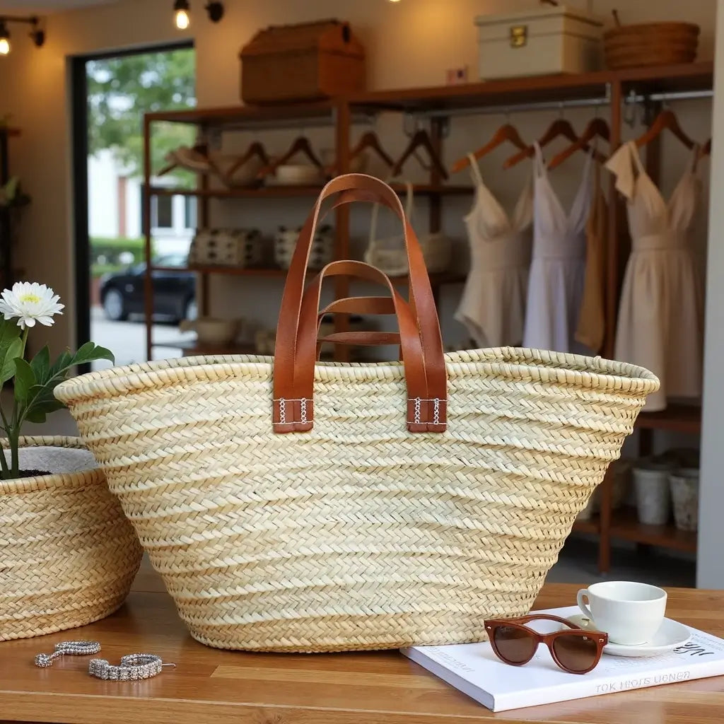 Natural Straw Tote Bag with Dual Leather Handles – Handwoven Beach Basket image 5
