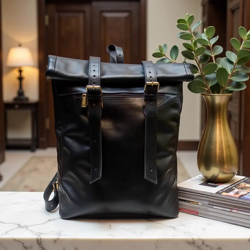 Urban Black Leather Backpack – Handcrafted Rolltop Design image 9