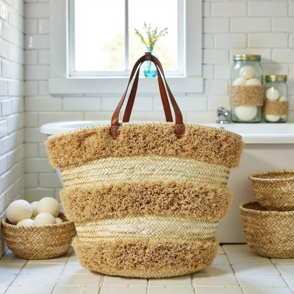 Striped Straw Beach Tote – Handwoven Raffia Basket with Leather Handles image 4