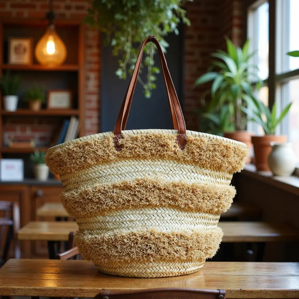 Striped Straw Beach Tote – Handwoven Raffia Basket with Leather Handles image 7