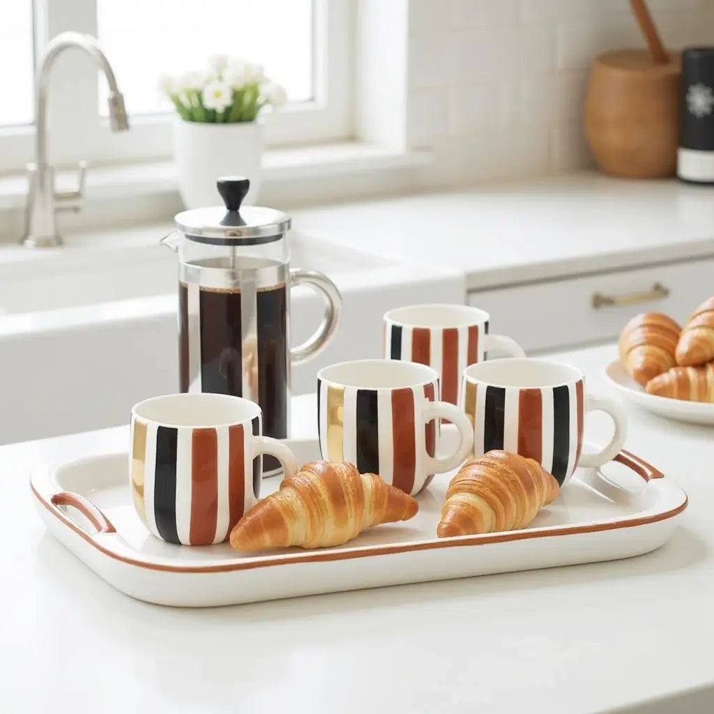 Set of 2 Handmade Ceramic Mugs with Gold Ornaments – Striped Design image