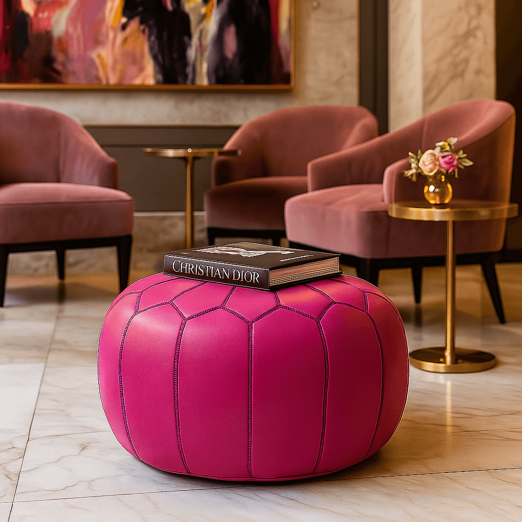Pink Leather Round Ottoman 21″ – Handcrafted Floor Pouf with Embroidery image