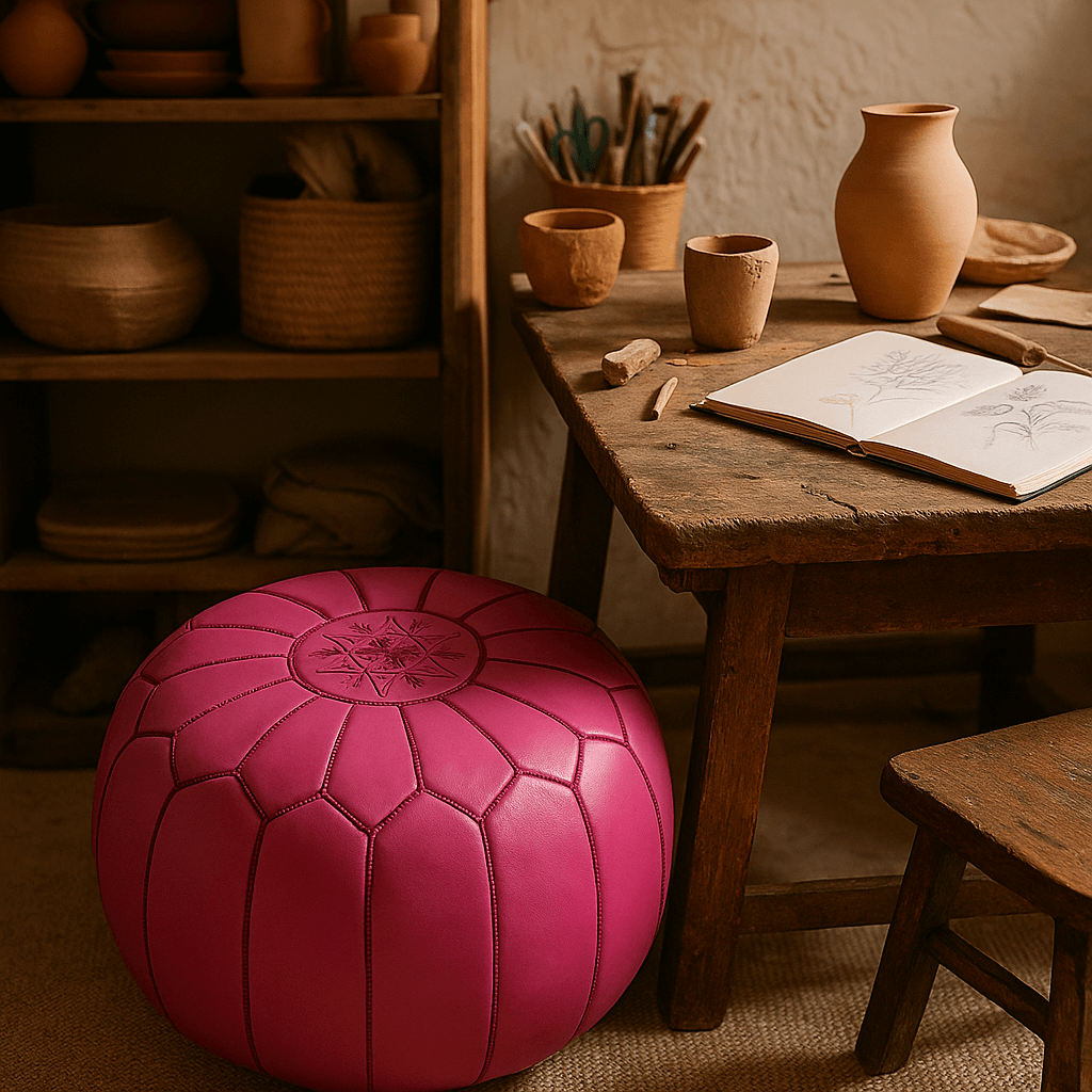 Pink Leather Round Ottoman 21″ – Handcrafted Floor Pouf with Embroidery image 4