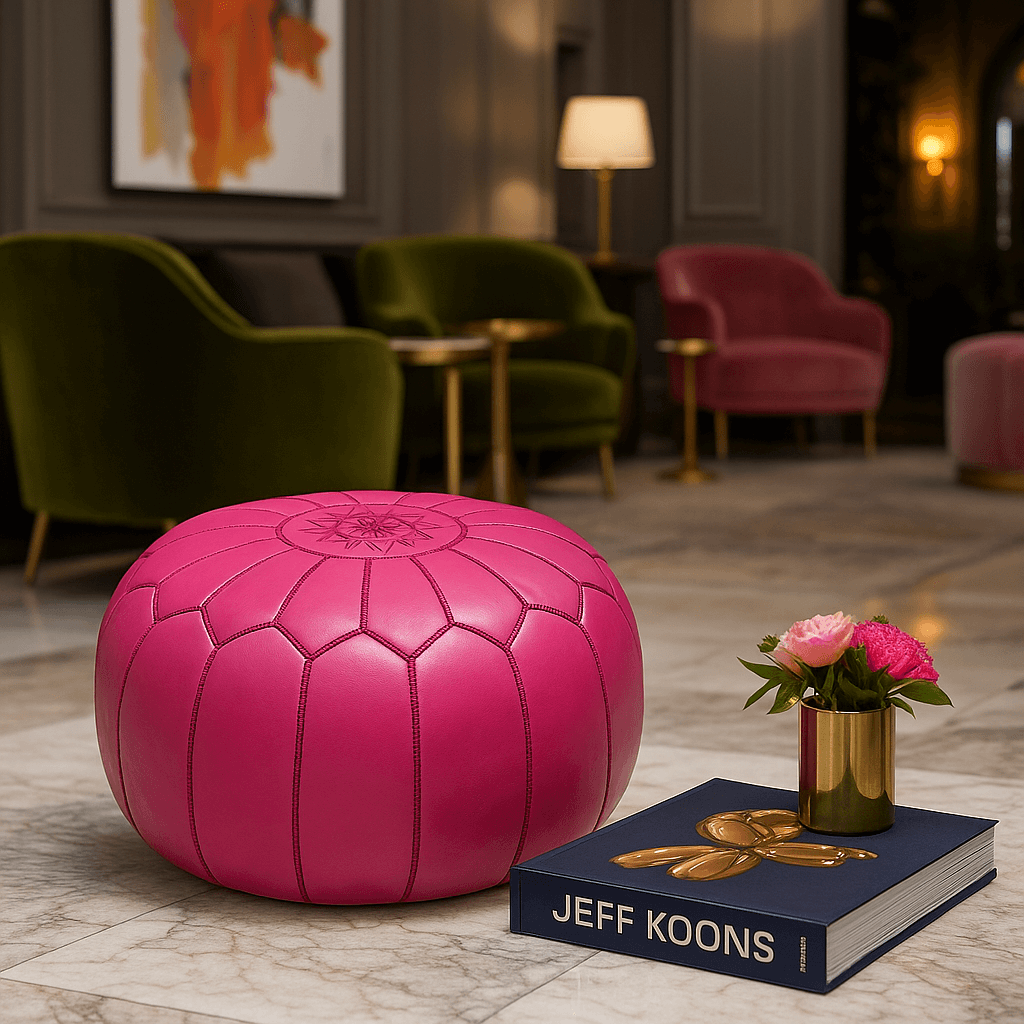 Pink Leather Round Ottoman 21″ – Handcrafted Floor Pouf with Embroidery image 6