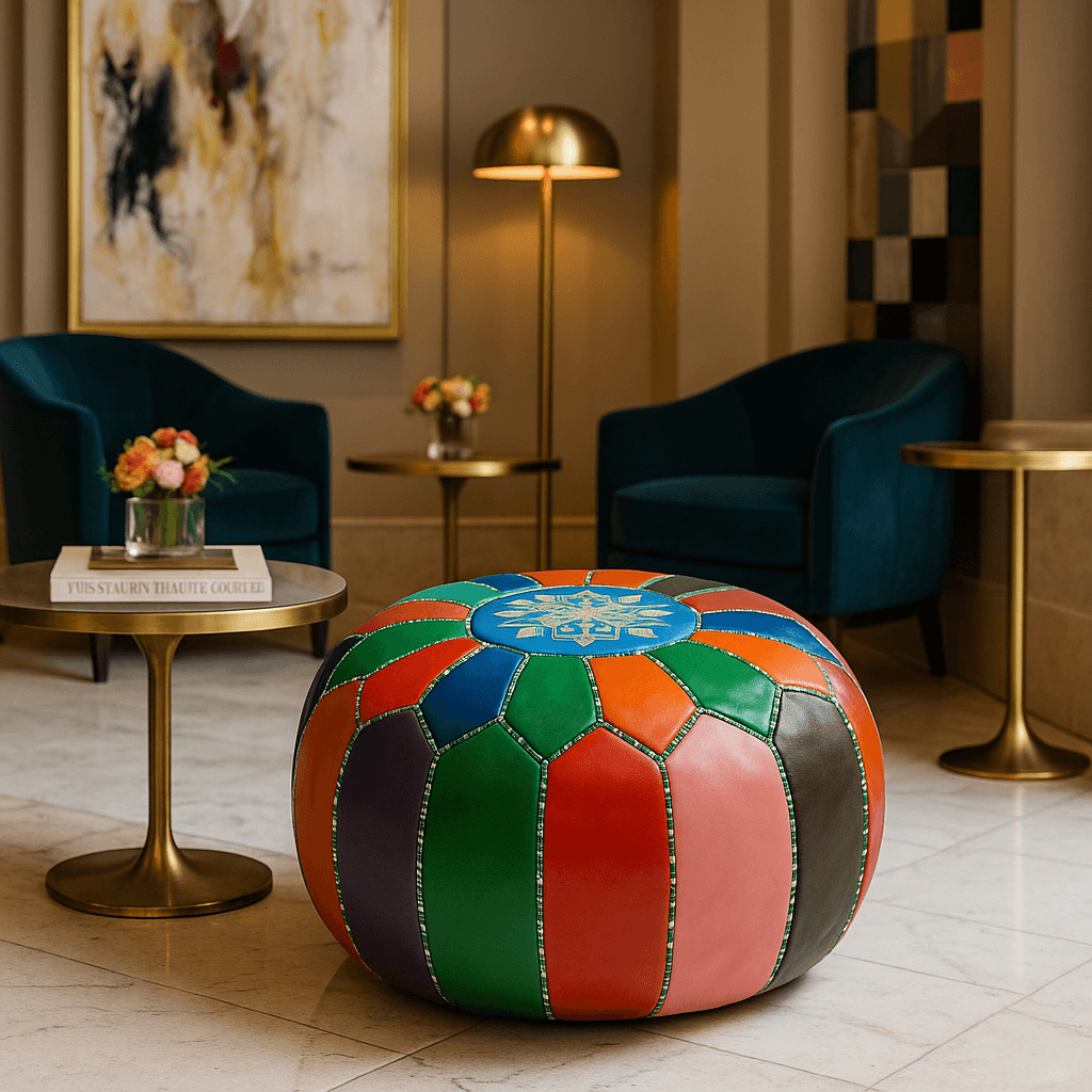 Rainbow Patchwork Leather Floor Ottoman 21″ – Snowflake Round Pouf image 2