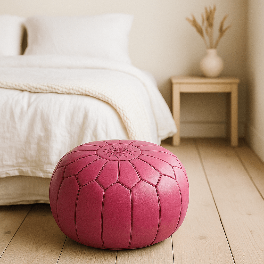 Pink Leather Round Ottoman 21″ – Handcrafted Floor Pouf with Embroidery image 5