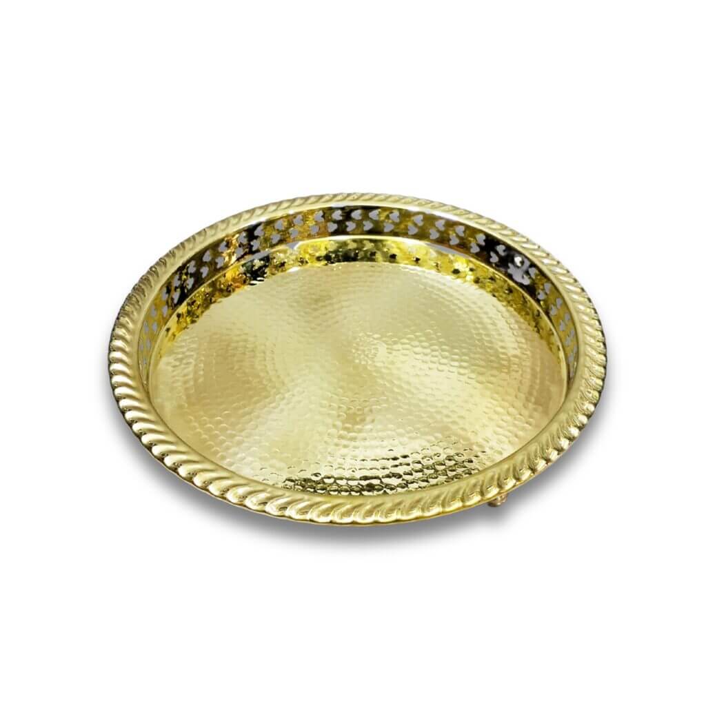 Hand Hammered Circle Tray with Feet – Traditional Silver-Plated Brass image 16