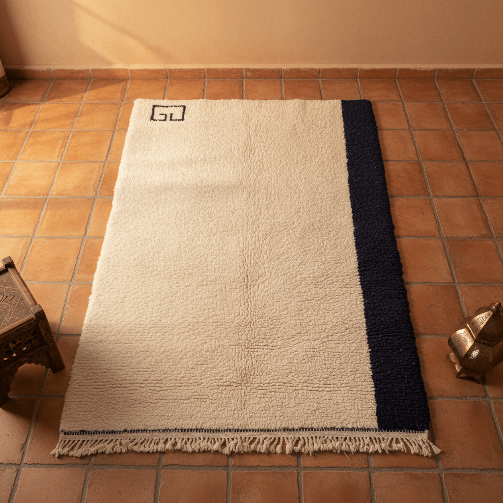 Modern Minimalist Wool Rug – Navy Border & Greek Key Design image 2