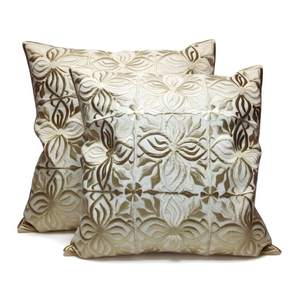 Beige Leather Pillow Covers with Floral Cutwork – Set of 2 (17.4″) image