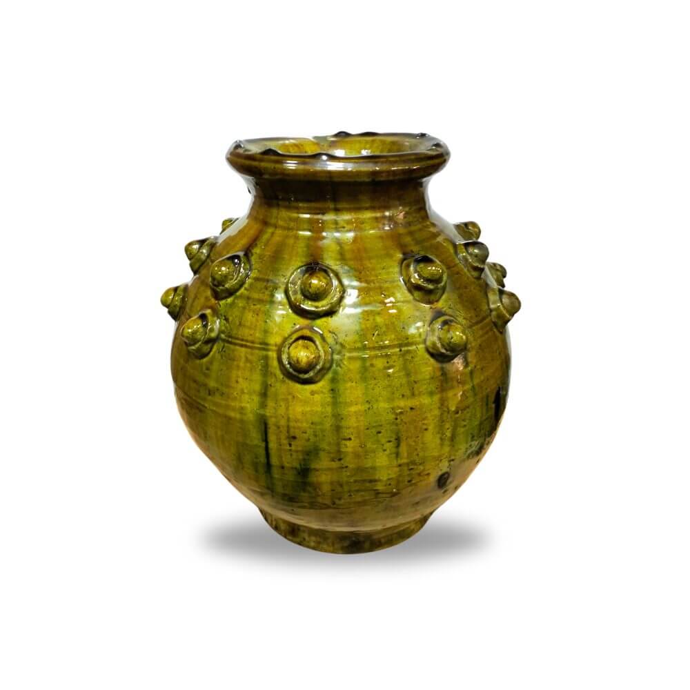 Authentic Tamegroute Pottery Vase – Handmade Green Ceramic with Studs 30cm image
