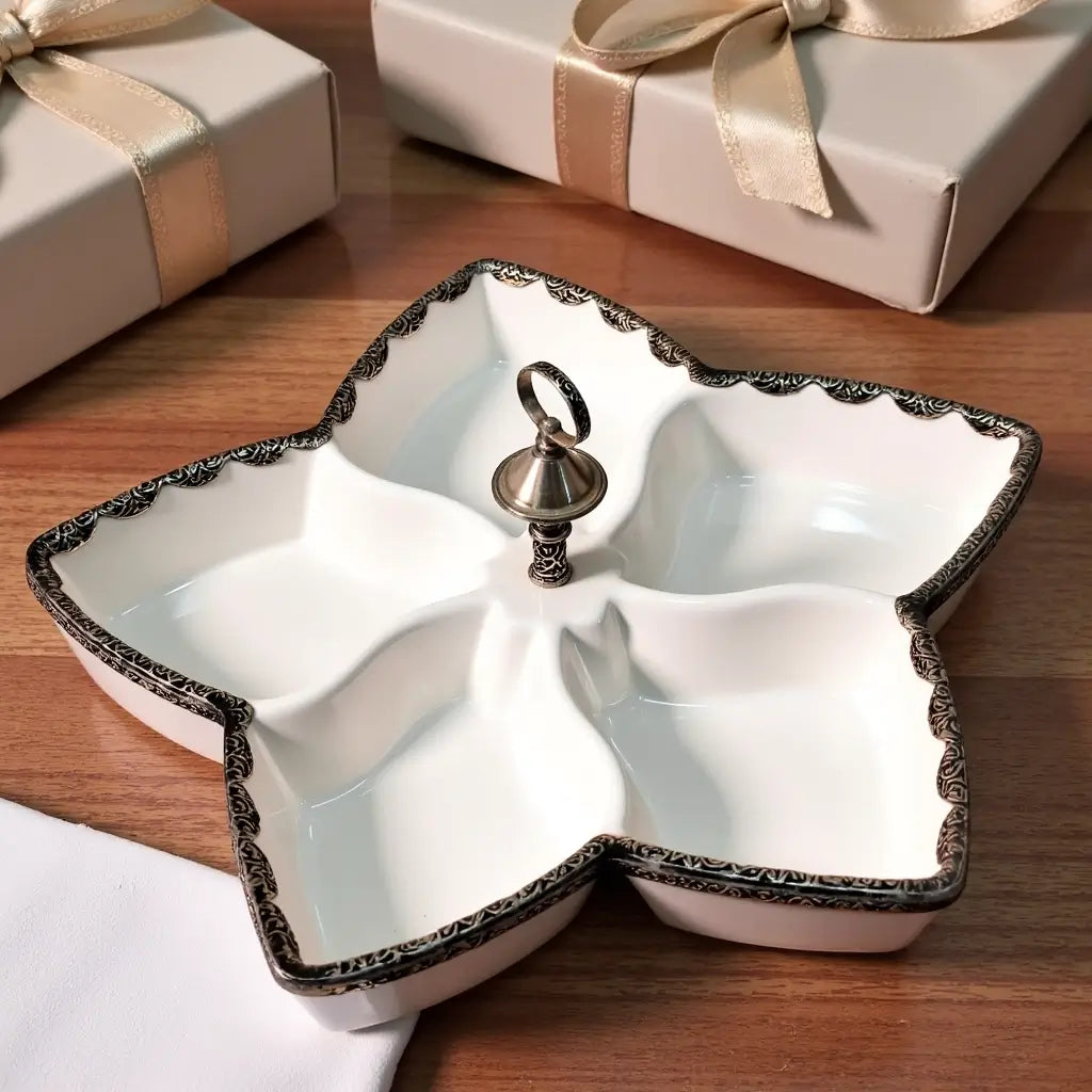 White Ceramic Divided Plate with Silver Accents – 5-Compartment Serving Dish image 3