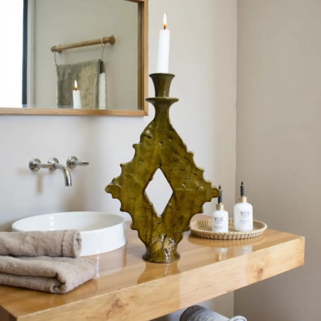 Handmade Tamegroute Diamond Ceramic Candle Holder – Ochre Art Piece 15″ image 2