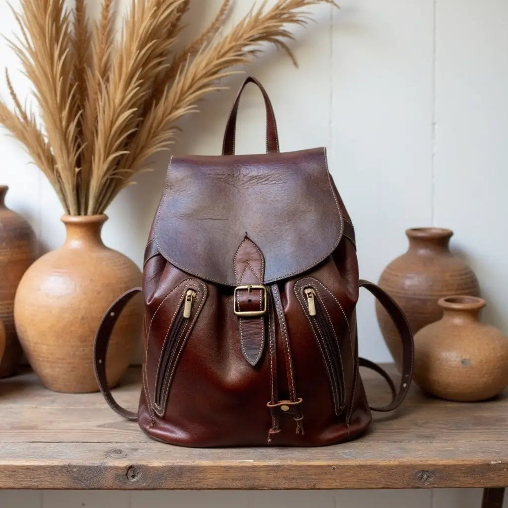 Brown Leather Backpack – Handcrafted Drawstring Bag with Brass Hardware image 11