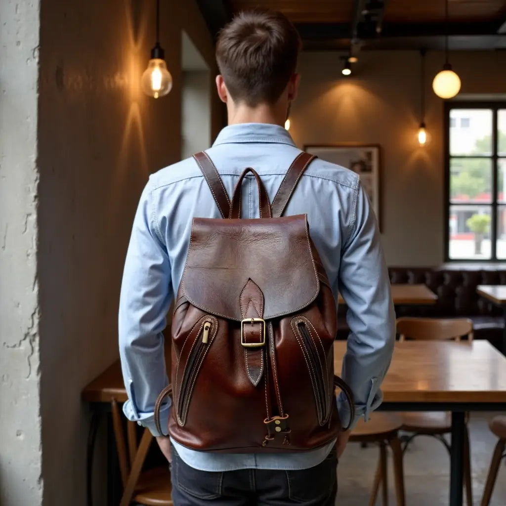 Brown Leather Backpack – Handcrafted Drawstring Bag with Brass Hardware image 3