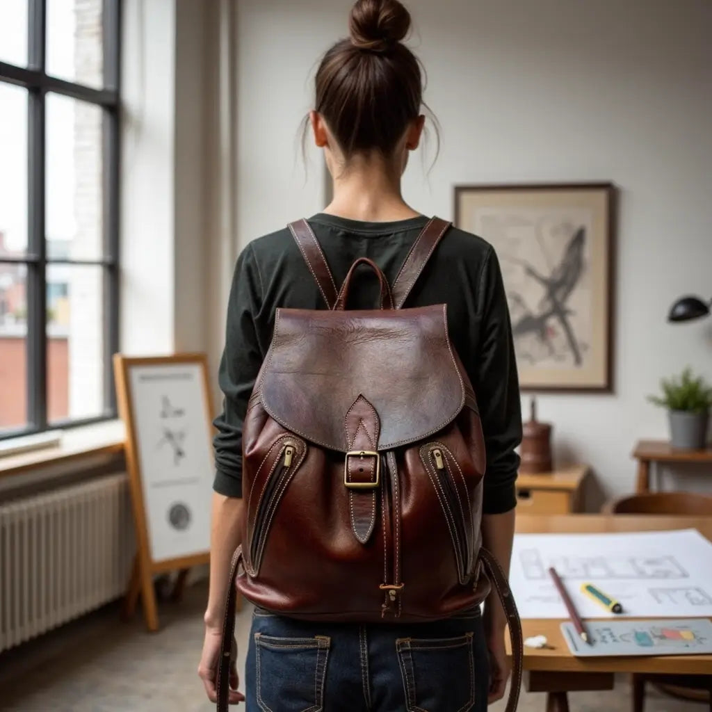 Brown Leather Backpack – Handcrafted Drawstring Bag with Brass Hardware image 5