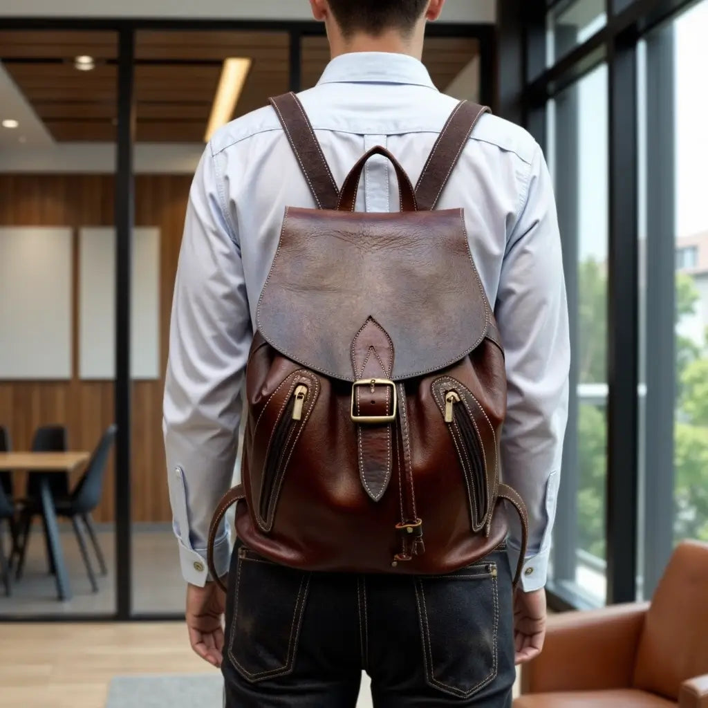 Brown Leather Backpack – Handcrafted Drawstring Bag with Brass Hardware image 4