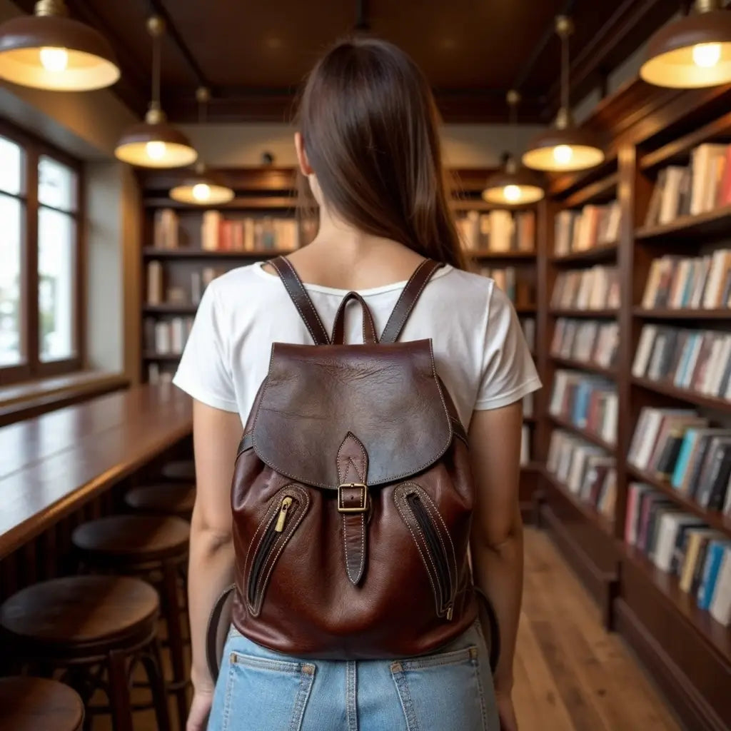 Brown Leather Backpack – Handcrafted Drawstring Bag with Brass Hardware image 6