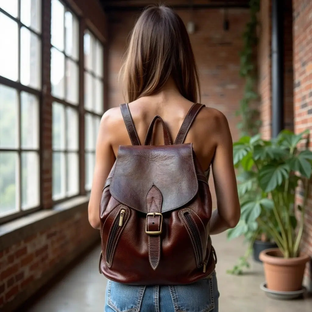 Brown Leather Backpack – Handcrafted Drawstring Bag with Brass Hardware image 7