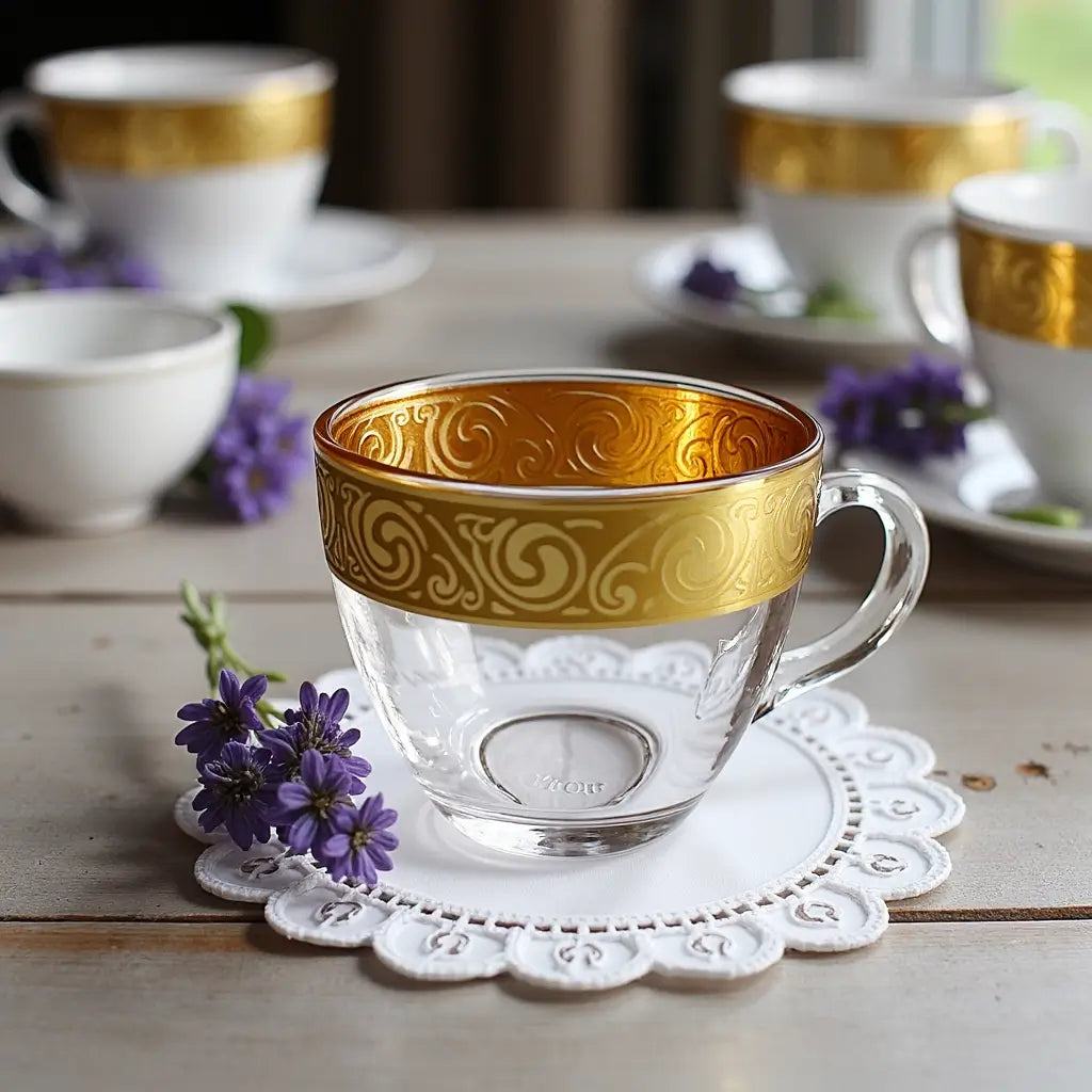 Gold Pattern Glass Coffee Cups with Integrated Saucers – Set of 6 image 3