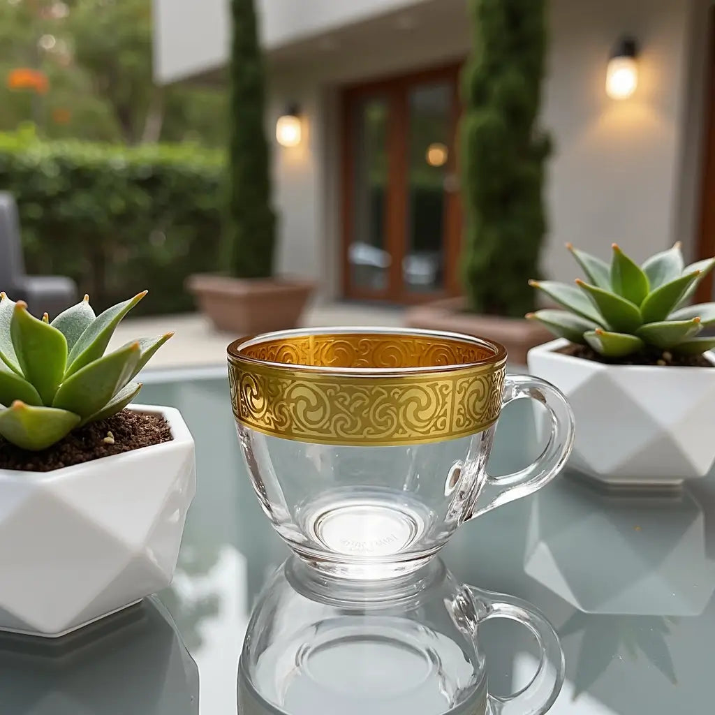 Gold Pattern Glass Coffee Cups with Integrated Saucers – Set of 6 image 2