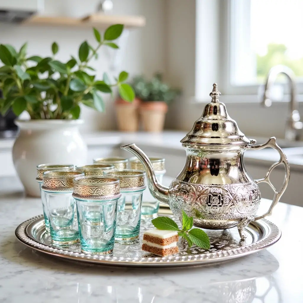 Silver Engraved Tea Set – 8-Piece Service with Turquoise Glass Holders image