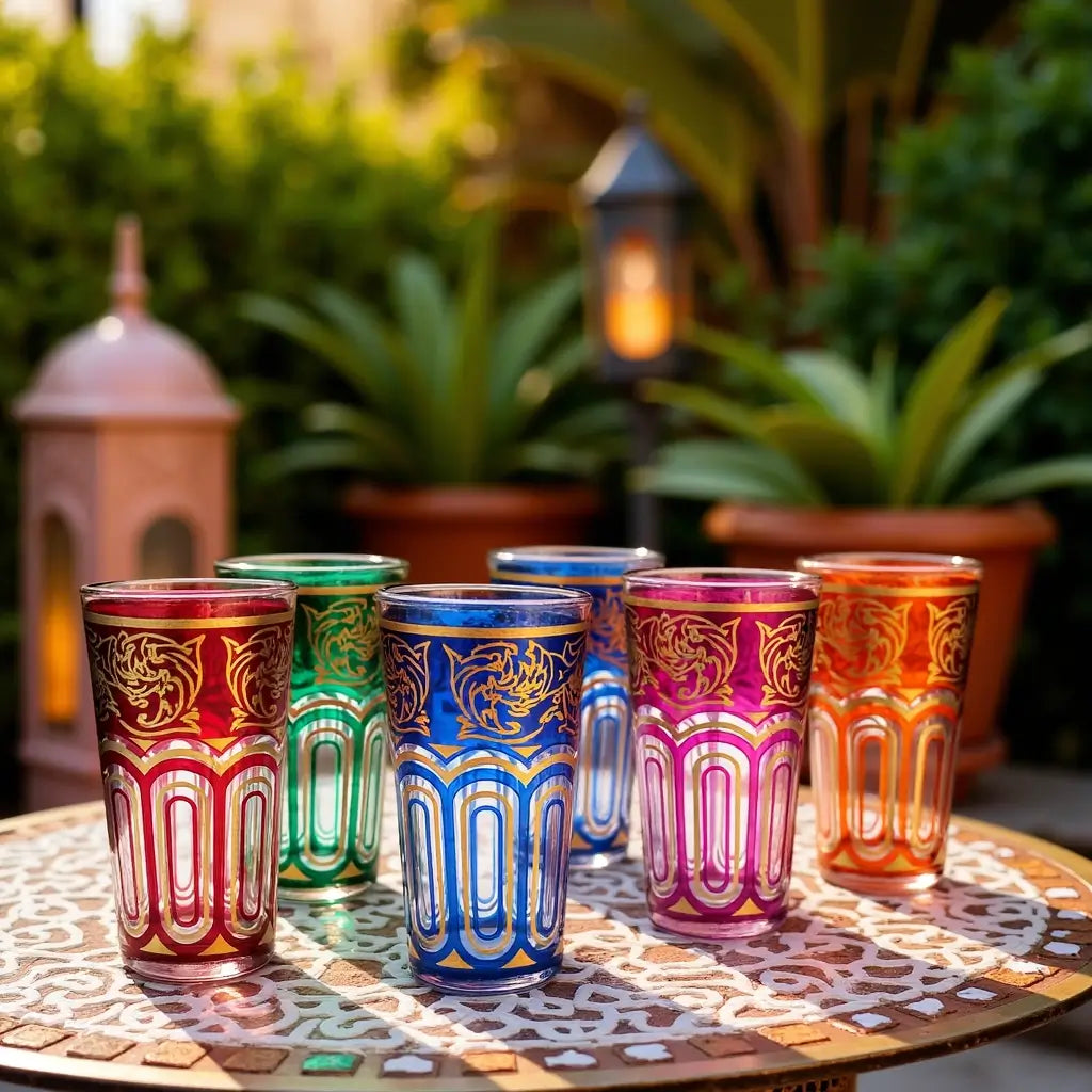 Hand-Painted Multicolor Tea Glasses Set of 6 – Gold Arabesque Design image